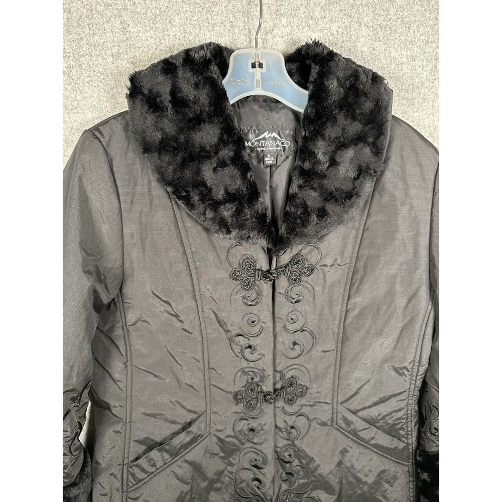 Montana Co Womens Small Jacket Coat Black Faux Fur Chic Embroidered - Picture 8 of 13